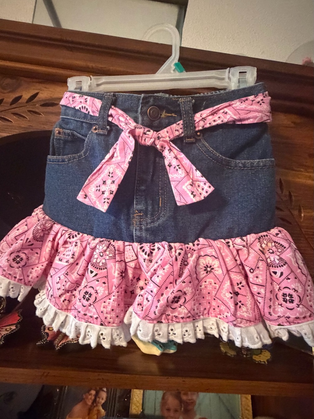 Denim Tiered Mini Skirt with Pink Bandana Ruffle